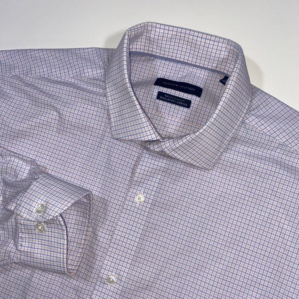 Tommy‎ Hilfiger Mens XL Dress Shirt Blue Pink Plaid THFlex Supima Stretch Regula